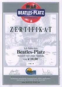 ZERTIFIKAT BEATLES-PLATZ HAMBURG