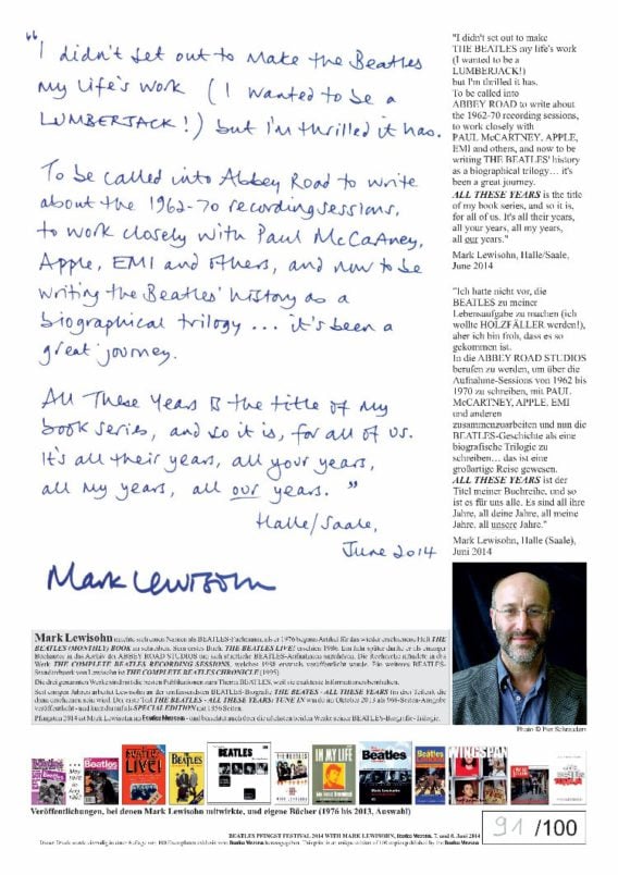 MARK LEWISOHN: sp. print STATEMENT OF THE BEATLES' BIOGRAPHER